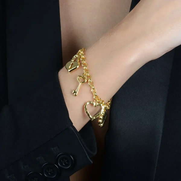 Pulseira Elo Português com Coração, Cadeado, Trevo e Chave(PL 5022) - Image 2