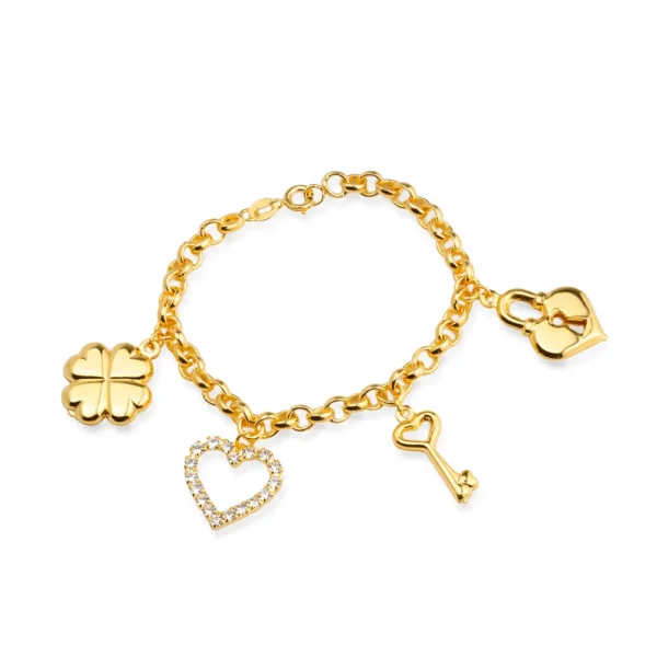 Pulseira Elo Português com Coração, Cadeado, Trevo e Chave(PL 5022)