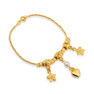 Pulseira de Cordão Baiano com Pérola, Coração e Flores (PL 5189)