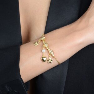 Pulseira de Cordão Baiano com Pérola, Coração e Flores (PL 5189)