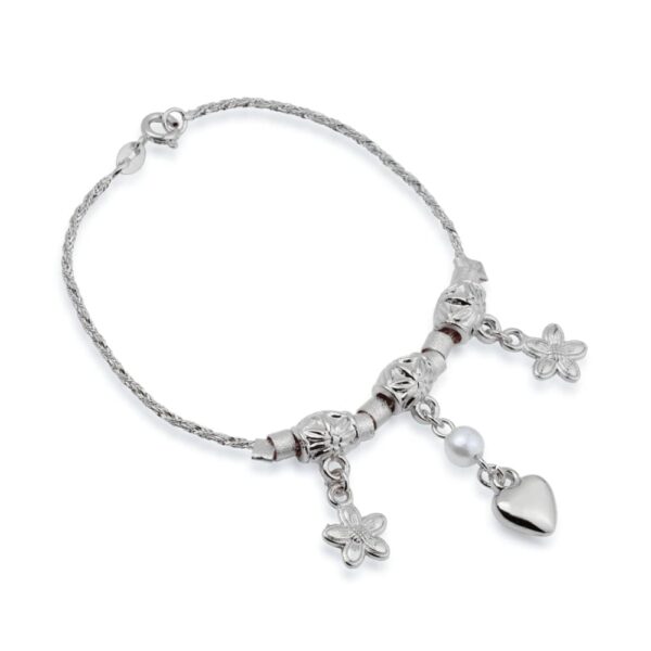 Pulseira de Cordão Baiano com Pérola, Coração e Flores (PL 5189) - Image 3