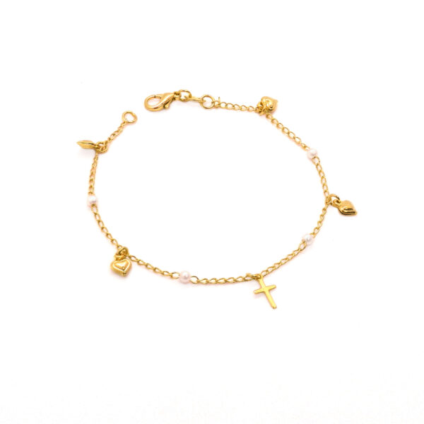 Pulseira de perolas com pingentes de coração e cruz(PL 5113)