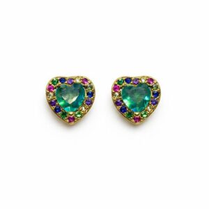 Brinco Coração Cravejado e Pedras Coloridas 1,1cm (BR 2834)