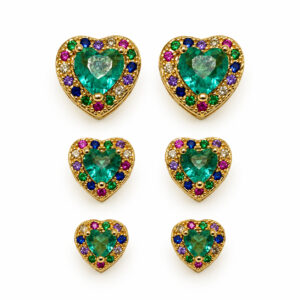 Trio de Brincos Coração e Pedras Coloridas (BRLJ 873)