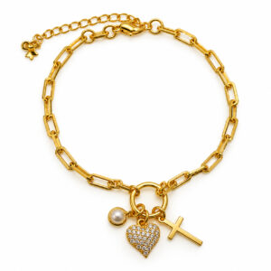 Pulseiras Coração, Cruz e Pérola (PLC 001)
